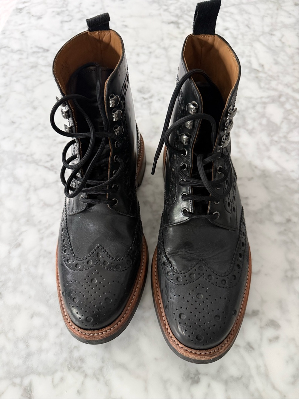 Grenson Black Leather Wingtip Lace-Up Boots with Brown Welt